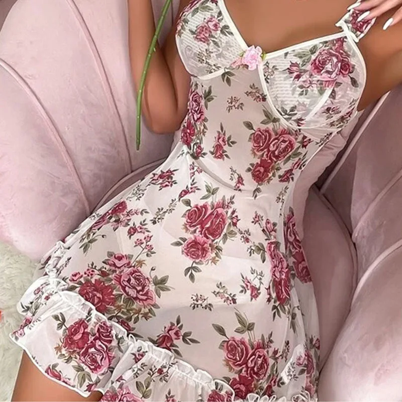 

Sleeveless Floral Nightgowns Women Transparent Sleep Dress Lace Sexy Nightdress See Though Night Wears Female Nightie Pajamas