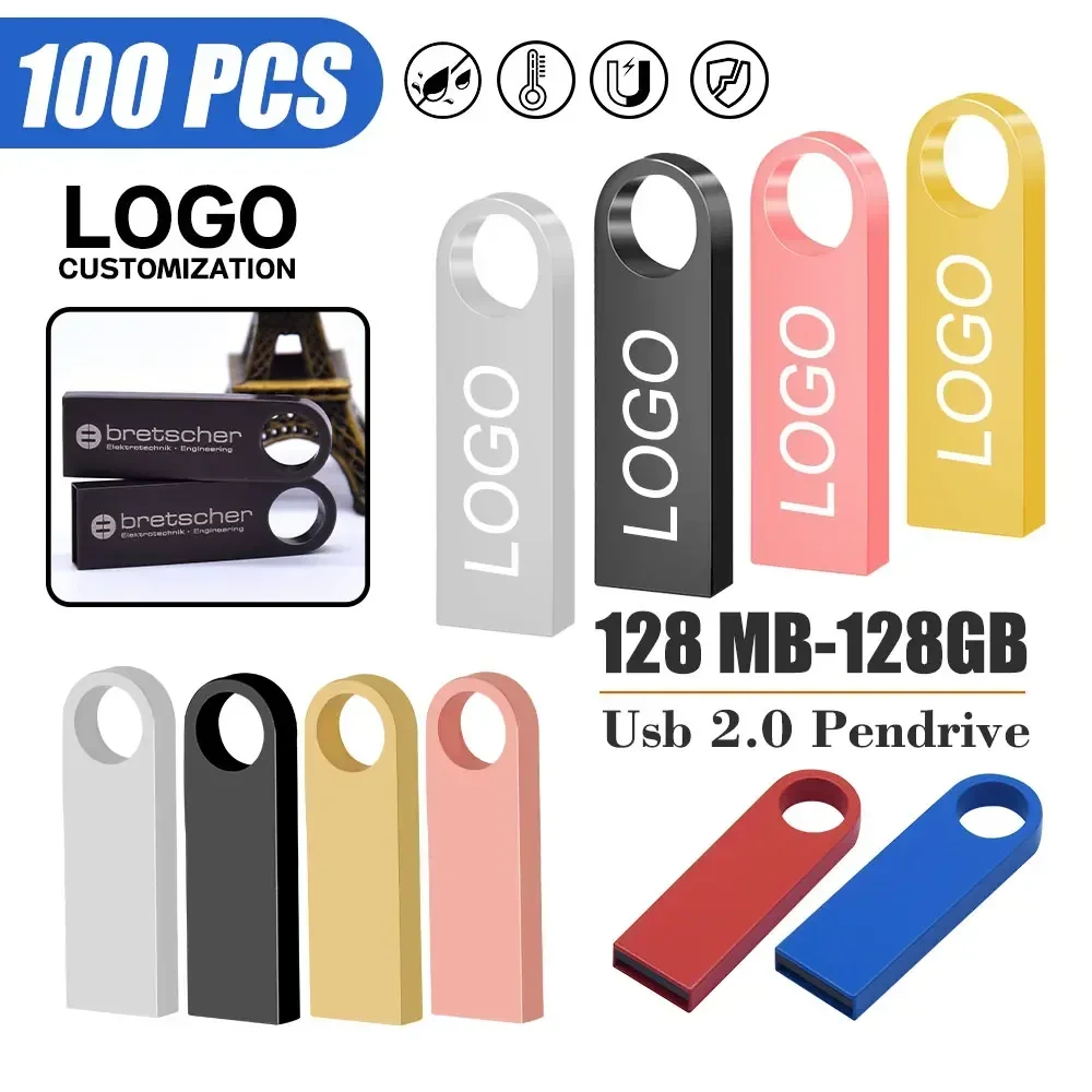 

100PCS/lot Metal Pen Drive 64GB 32GB 16GB USB Flash Drive 8GB 4GB U Disk Key Pendrive 2GB 1GB Memory Usb Sticks Free Laser Logo