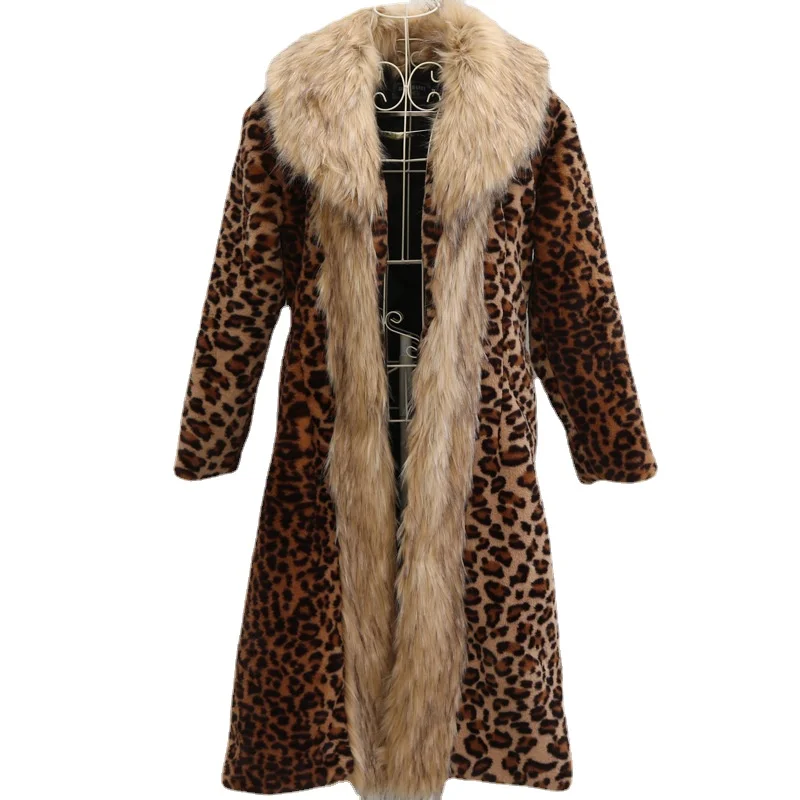 

S-9XL Women's Leopard Print Winter Clothes Thickened Warm Mink Coat Long Raccoon Dog Fur Coat