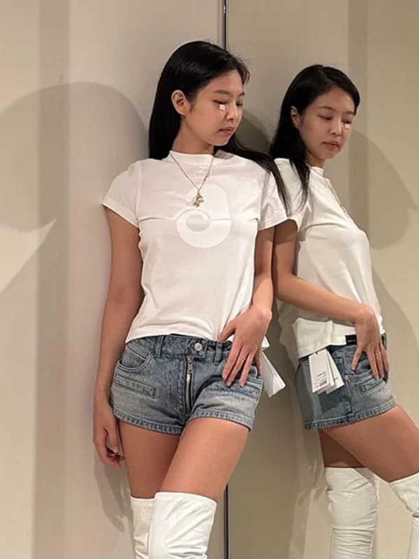 

Fashion Trendy Luxury Designer Women Summer 140624 White Printed Short Sleeved Embroidered Logo T-shirt Slim Fitting Shirt Top