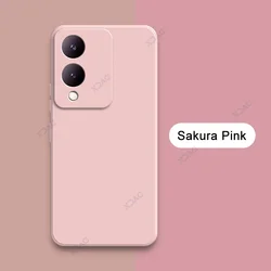 360° Full Protective Soft Silicone Phone Case - Shockproof Back Cover Shield with Internal Flocking for Vivo Y17s (Sakura Pink)