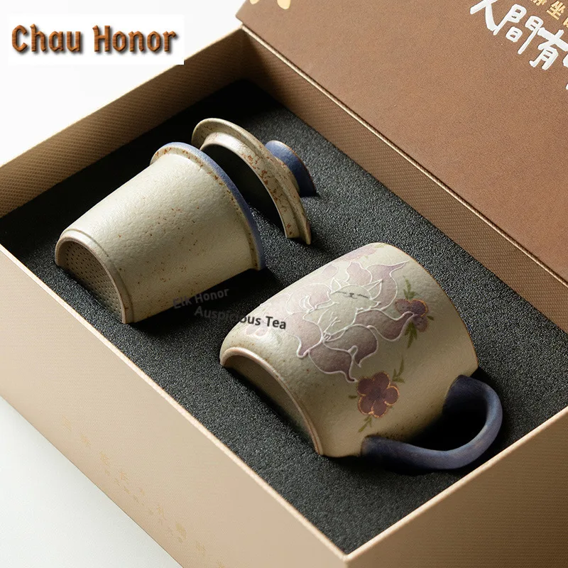 430ml Pure Hand-drawn Nine-tailed Fox Filter Tea Separator Cup Ancient Tea Mug with Infuser Tea Maker Office Water Cup Craft