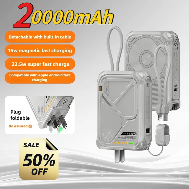 20000mAh New Power Bank Magnetically Absorbed Wireless Charging with Cable AC Plug Large Capacity Suitable for IPhone Xiaomi 1