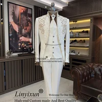 Luxury Beaded Men Suits Slim Fit White Wedding Groom Tuxedos Business Male Prom Party Blazers Customized vestidos de novia 1