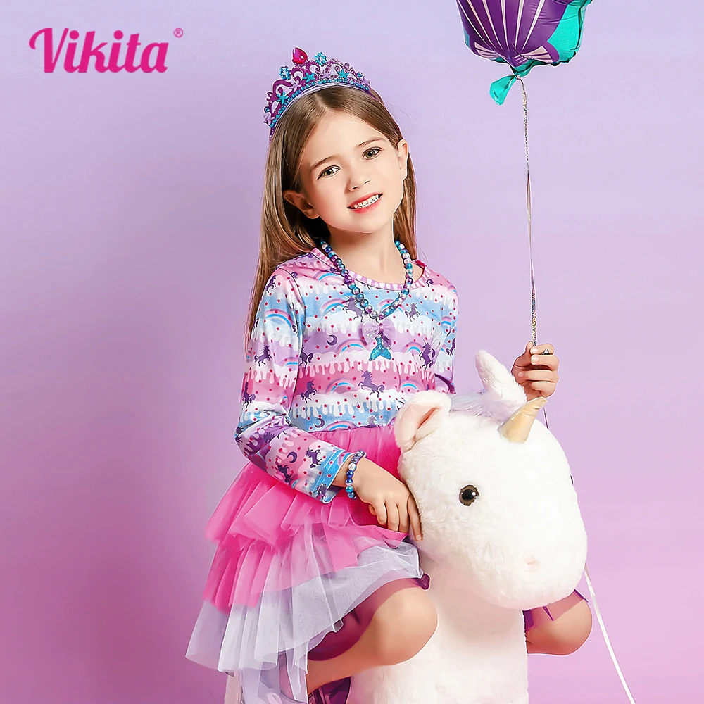 

VIKITA Girls Unicorn Rainbow Print Party Princess Dresses Kids Tulle Mesh Cake Layered Dress Girls Long Sleeve Licorne Vestidos