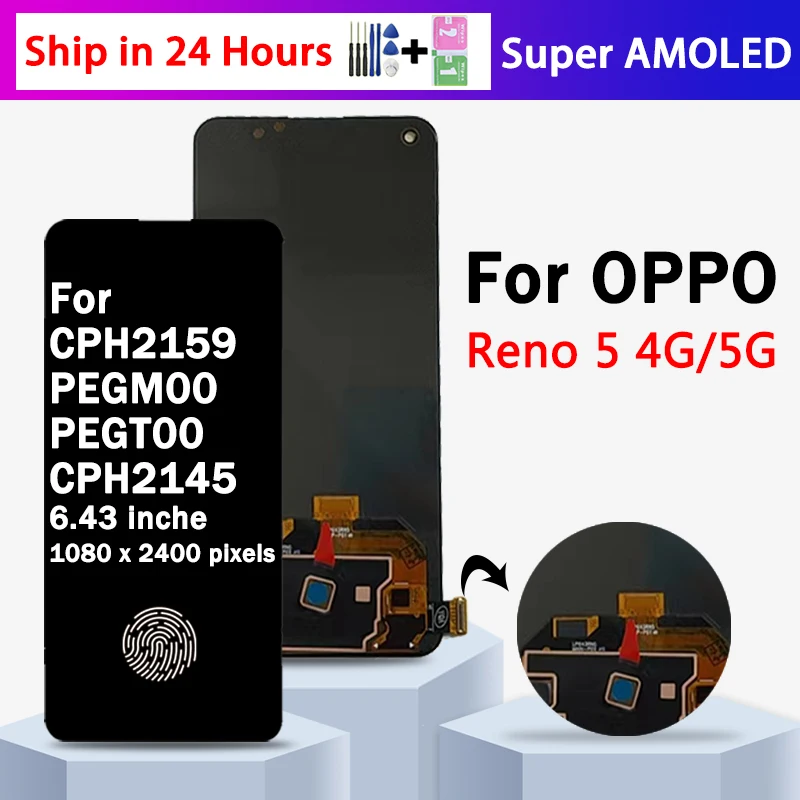 Super AMOLED для Oppo Reno 5 4G CPH2159 ЖК-дисплей сенсорный экран дигитайзер для Oppo Reno5 5G PEGM00 ЖК-дисплей со сканером отпечатков пальцев