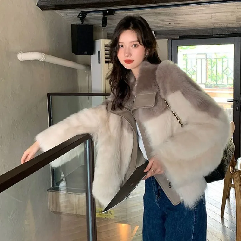 2023 Winter New Women Faux Fur Coat Thickened Warm Outwear Female Loose Casual Fashion Patchwork Outcoat  All-Match Jacket