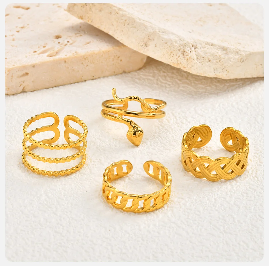 Vnox Goldfarbener Unregelmäßiger Hohler Mehrschichtiger Ring, Edelstahl Schlangenförmiger Offener Ring für Frauen, Gedrehter Offener Ring Geschenk – Detail 6