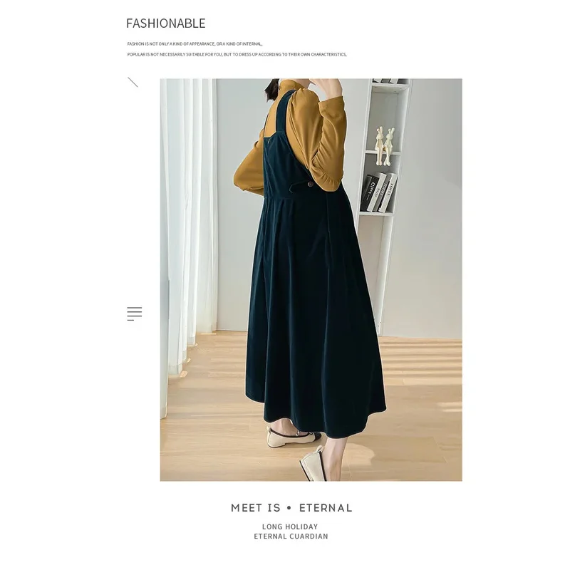 Korean style maternity dress suits autumn fashion long sleeve turtleneck tees velvet sundress twinset pregnant women clothes set