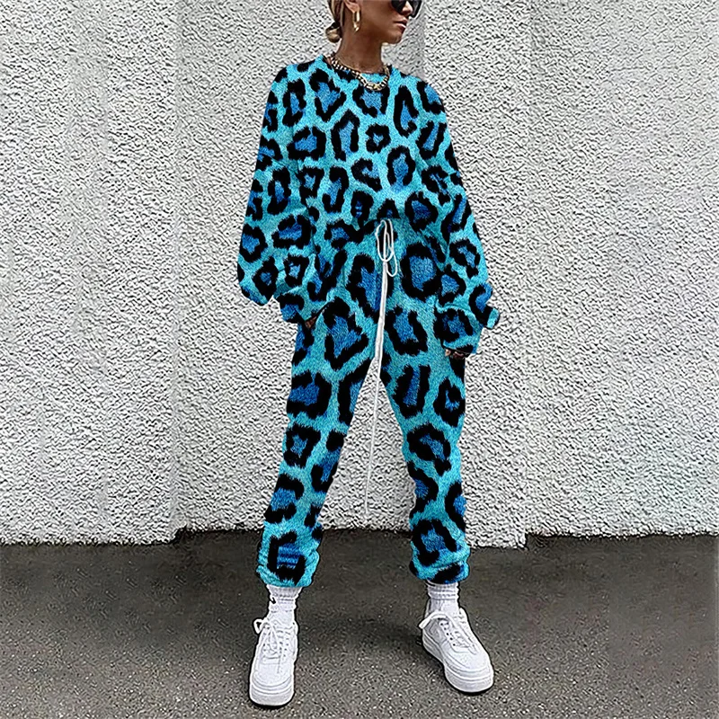 

2022 Leopard Tie Dye Print Tracksuits Puff Sleeve O Neck Hooded Loose Fashion Trouser Suits Spring Autumn Casual Two Piece Sets
