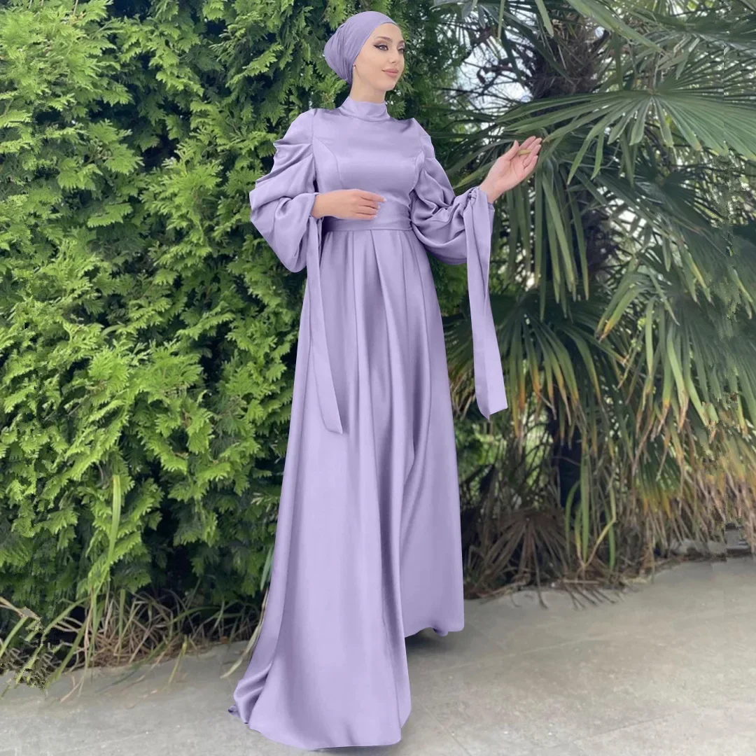 Modest Muslim Islamic Satin Long Dresses for Women Arabic Abaya Dubai Balloon Sleeve with Ribbon Eid Evening Turkish Hijab Dress