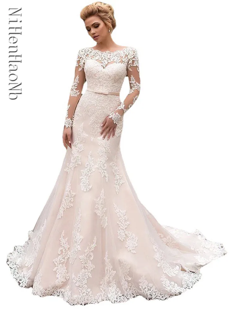 

Long Sleeves Boho Mermaid Wedding Dresses 2023 New Lace Appliques With Sash Backless Sexy Bride Dress Custom Made