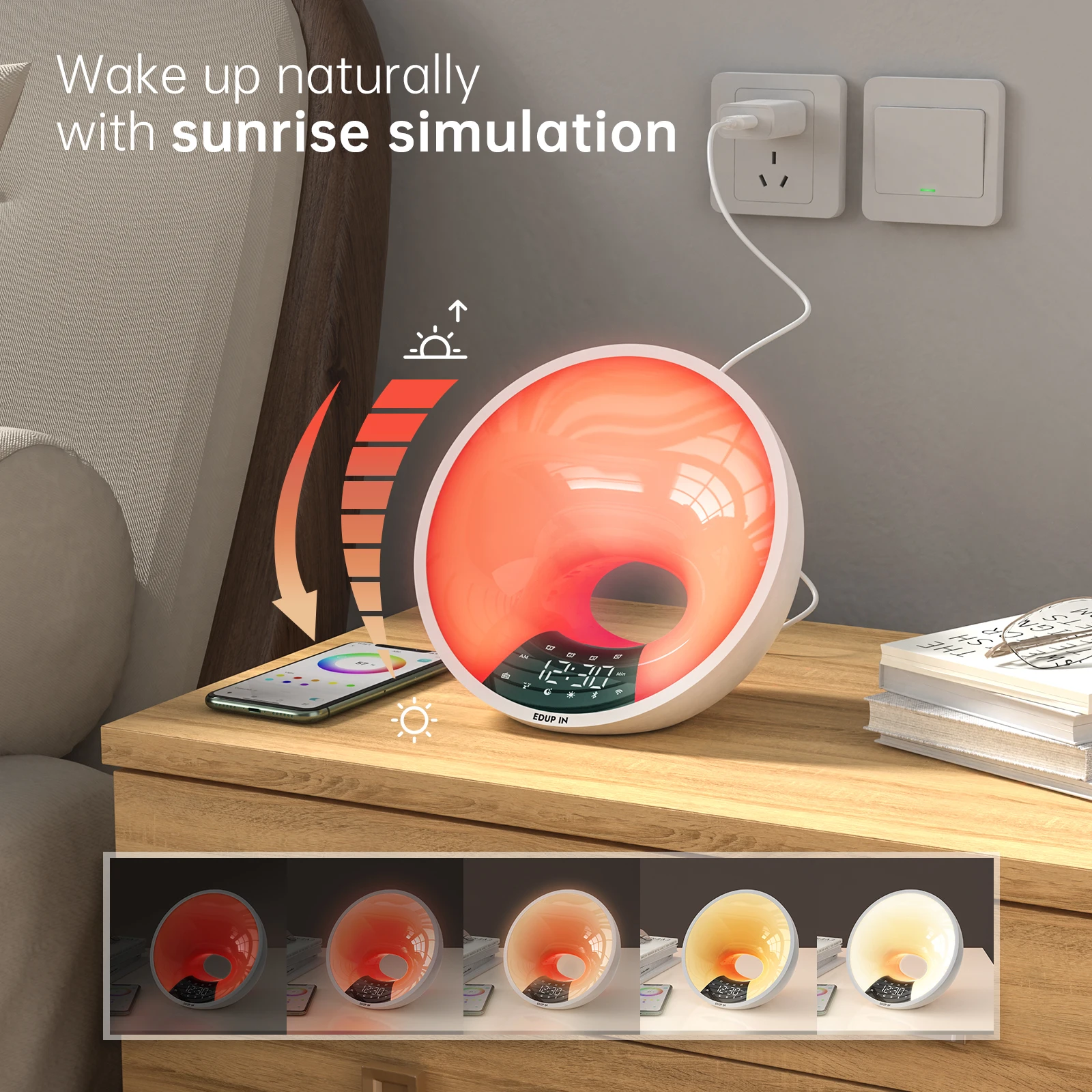 

Wake Up Light Alarm Clock with Sunrise/Sunset Simulation Dual Alarms FM Radio Nightlight 7 Colors Natural Sounds Snooze