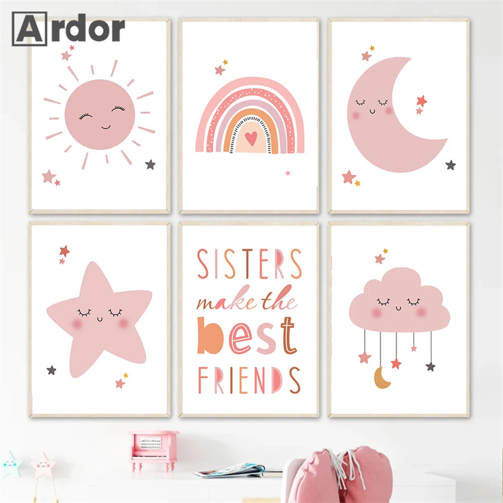 

Солнце Луна Радуга облако звезда детская настенная Картина на холсте скандинавские плакаты и принты Мультяшные настенные картины декор для комнаты для девочек