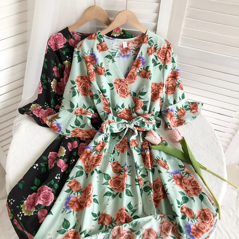 

Summer New Sweet Temperament V-neck Printed Bell-sleeve Straps High Waist Slim A-line Slit Dress Women