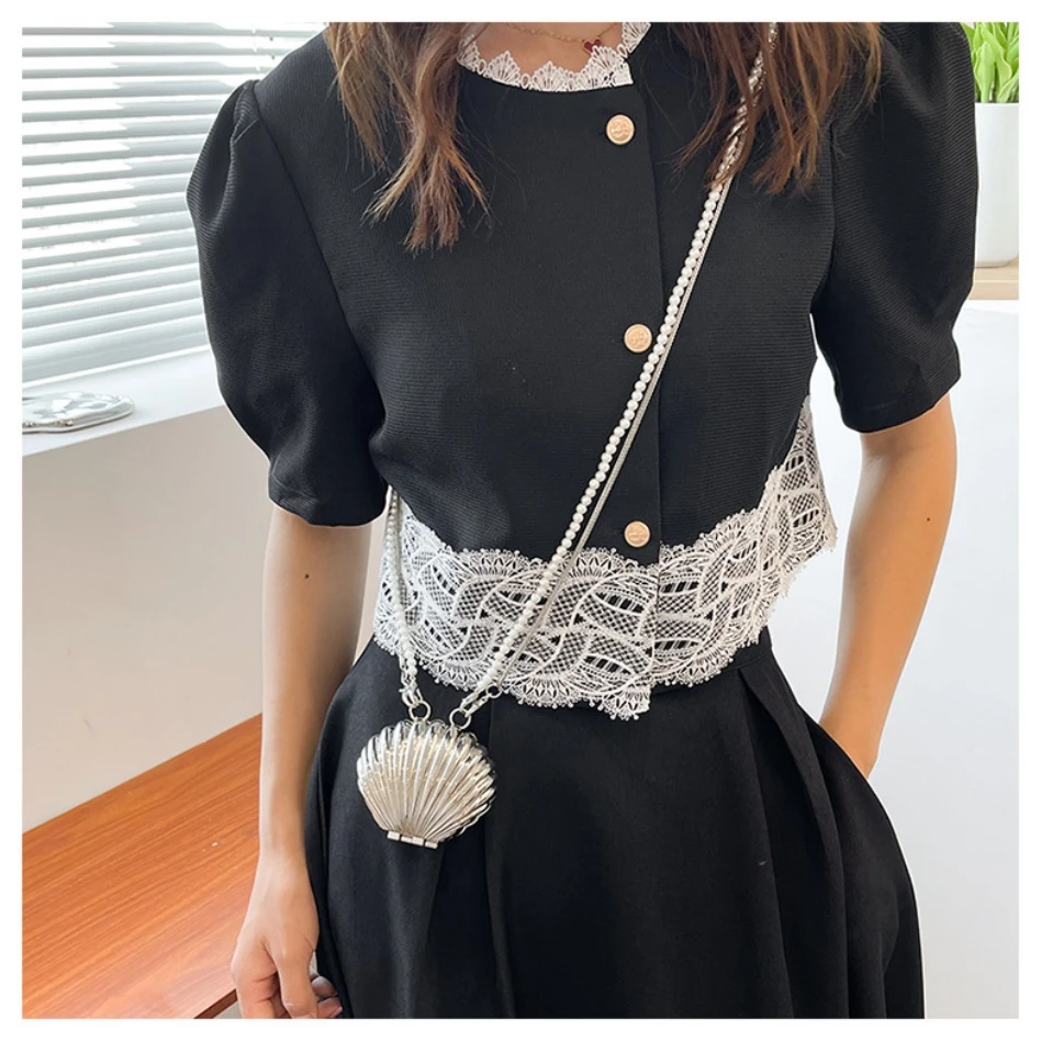 Chic Mini Metal Shell Crossbody Bag Pearl Chain Lightweight Magnetic Closure Detachable Strap Women
