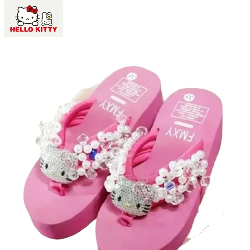 

Hello Kitty Kawaii Cartoon Anime Summer Cool Sweet Diamond Muffin Soft Flip-flops Sandals Doll Pearl Holiday Beach Shoes Women