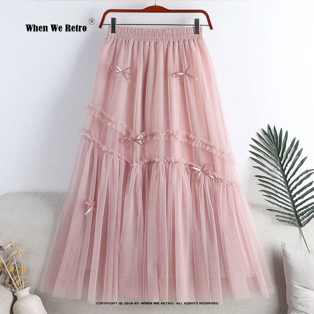 

2023 New Pink Bow Mesh Tulle Skirts Korean Fashion Elastic High Waist A-Line Tutu Midi Long Skirts Three Layer Lace Faldas RS418