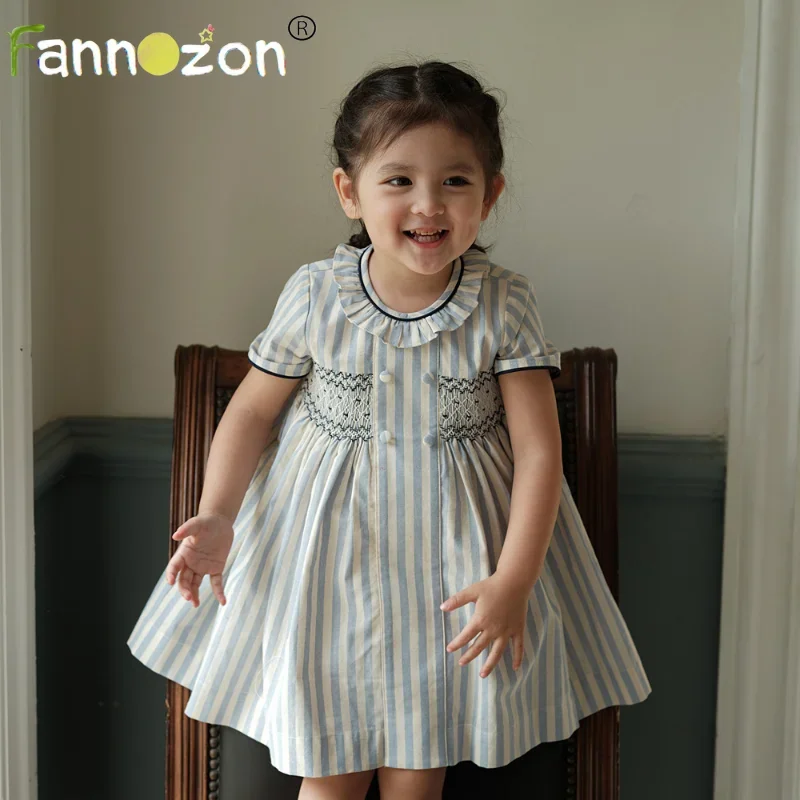 

Navy Stripe Cotton Smocking Hand Embroidery Fashion New In Baby Kids Clothes Girls Dresses Skirt Children Clothing Summer Dress