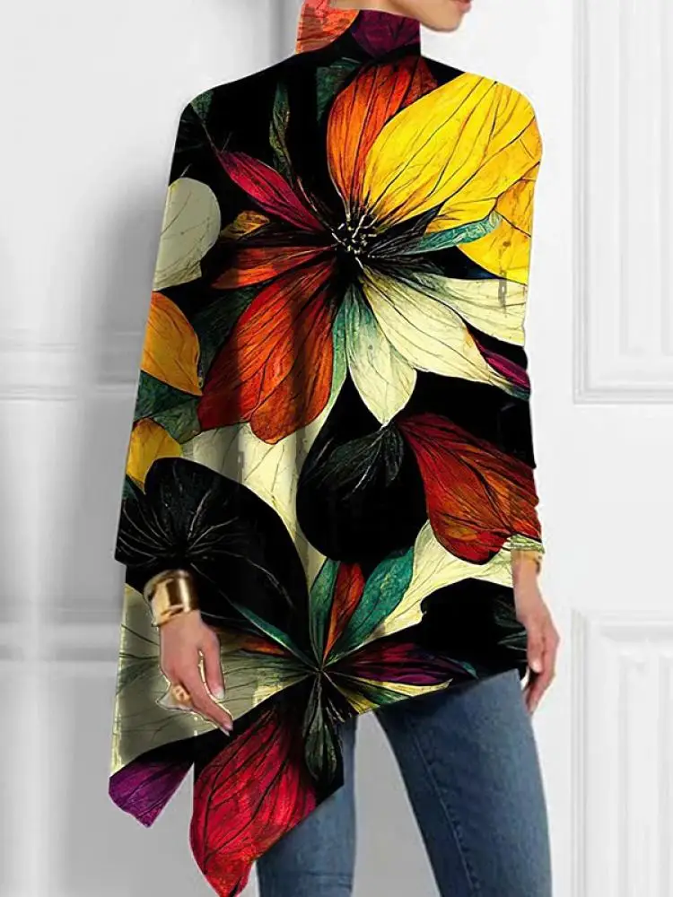 

Новое поступление 2024, женские элегантные футболки Yeezzi с цветочным принтом и высоким воротом, свободные Асимметричные повседневные винтажные топы с длинными рукавами