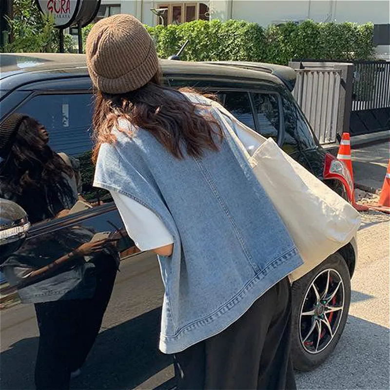 Women All-match Stylish Simple Denim Jackets Vests High Street Summer Chic Ladies Cargo Basic Sleeveless Pocket Outerwear Female