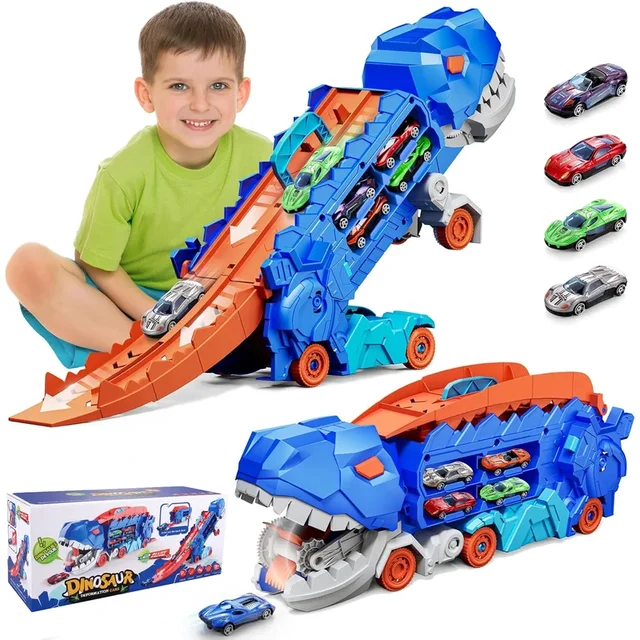 Transport Dinosaur Truck With Portable Foldable Sliding Race Track Transforms Into Standing T-rex With Alloy Die-cast Cars Gifts 1