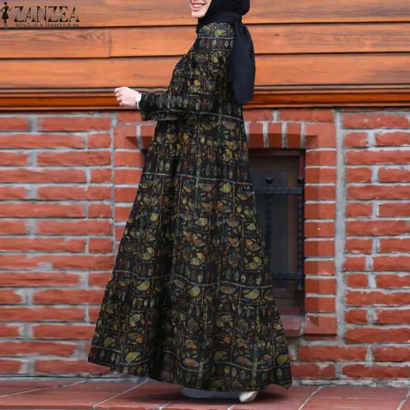 Muslim Woman Print Dress 2023 Autumn Retro Fashion Pullover Long Sleeve Round Neck Robe Casual Abaya Loose Dresses