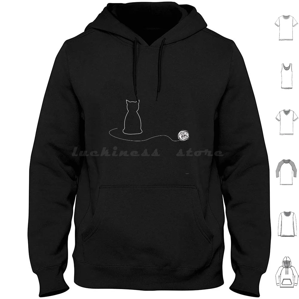 Playtime Felpa Con Cappuccio Cotone Manica Lunga Cat Yarn Playtime Kitten Line Art Silhouette Semplice Minimal Bianco E Nero Curiosità