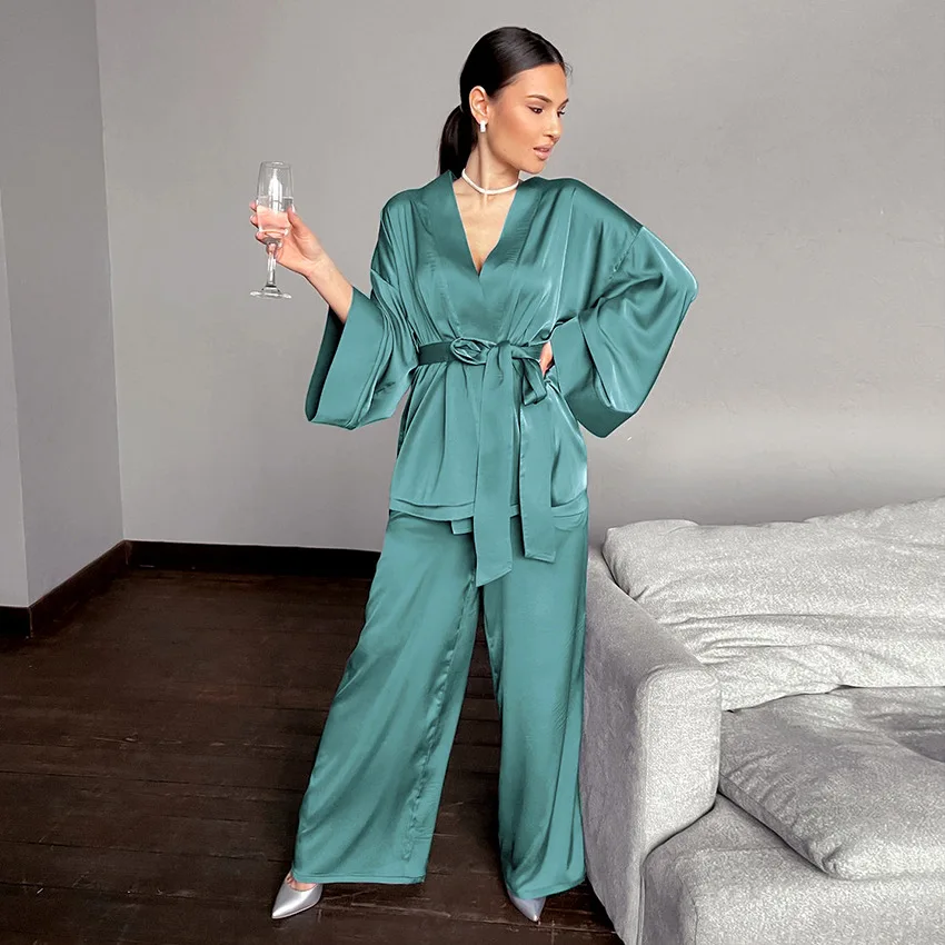 

Solid Color Sleepwear Loose Flare Home Pants Three Quarter Sleeve Satin Robe Sets Bathrobe For Women Pajama Fashion Spring 2023