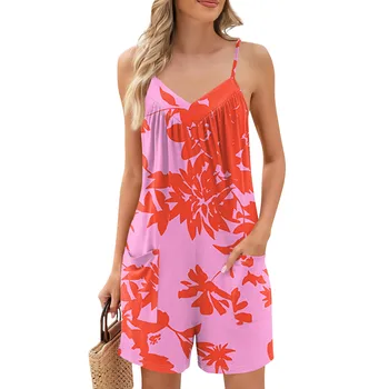 Summer Beautiful Colourful Floral Printing Daily Streetwear Playsuit Fashionable Casual Sleeveless Jumpsuit Shorts With Pockets 1