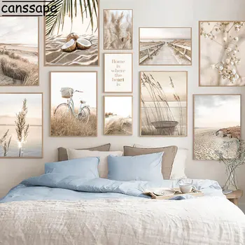 Beige Reed Pampas Canvas Painting Coconut Bridge Bike Wall Art Sea Sand Beach Print Pictures Nordic Art Poster Living Room Decor