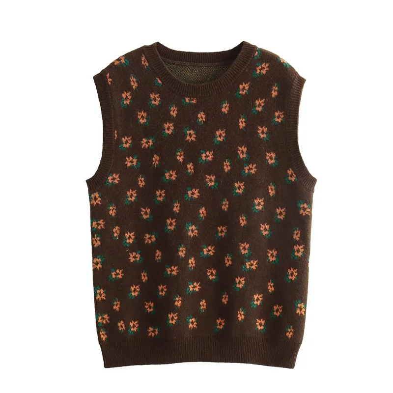 

Woman Vintage Brown Floral Embroidery Knit Tank 2023 Autumn Girls Casual Loose O Neck Knitted Tanks Female Basic O Neck Sweater