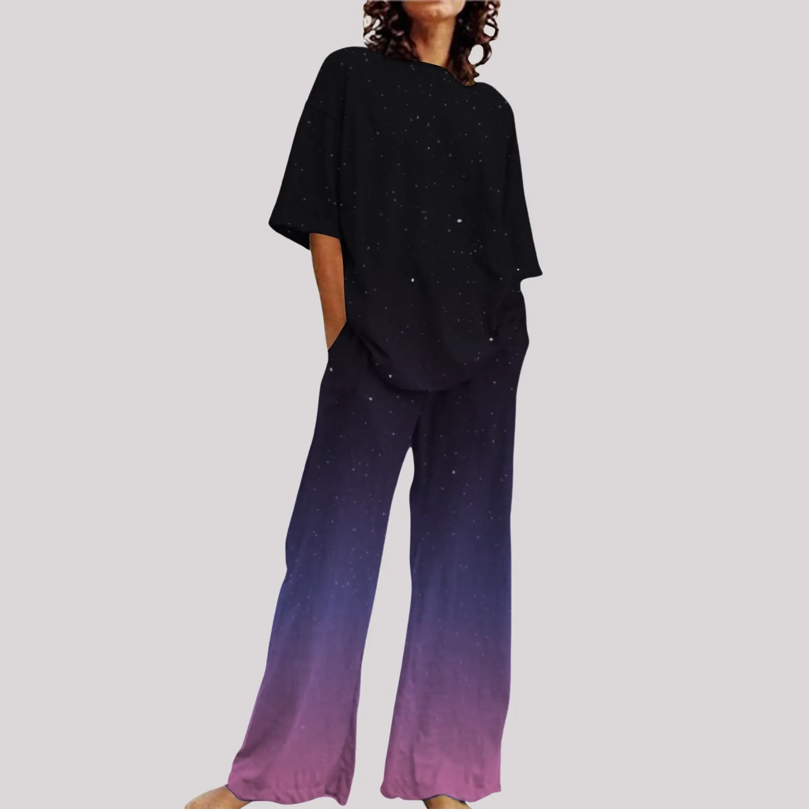Women's Comfortable A Summer O Neck Loose Short Sleeve Floral Print Top Shirt With Pants Large Size 2 Piece Set Drum Suit
