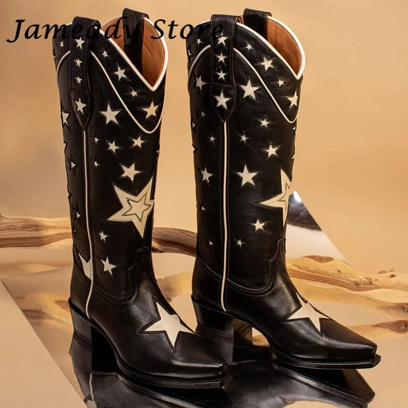 

Women Star Print Western Cow Boots Chunky Heel Knee High Boots Autumn Winter Pointed Knight Boots Slip On Gladiator Botas Mujer