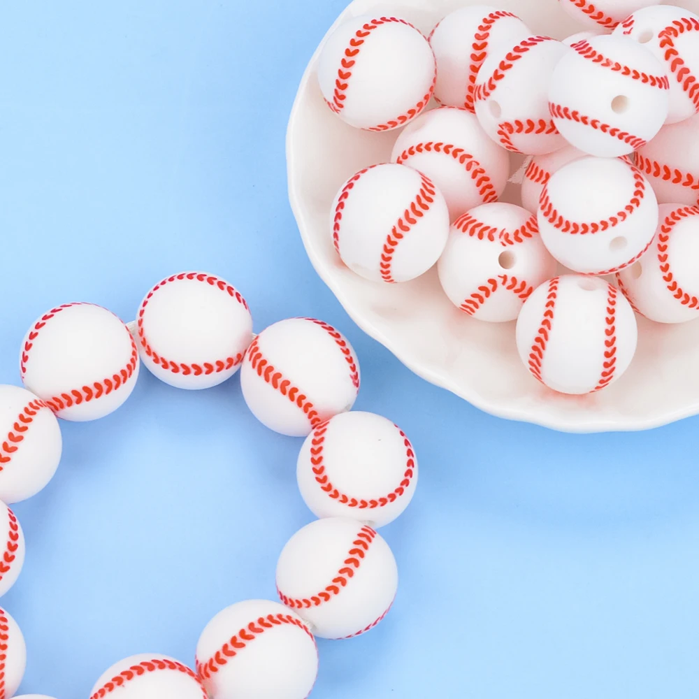 

LOFCA 20pcs/Lot Baseball Silicone Beads 15mm BPA Free Baby Teeth Chew Chains Teeth Necklaces Food Grade Beads