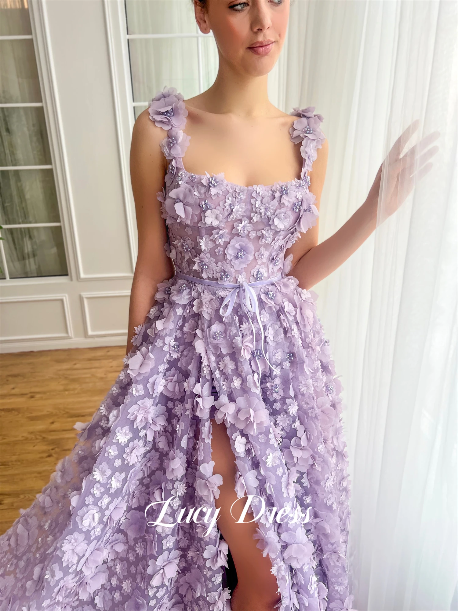 

Lucy Slit Purple Wedding Party Ball Gown Graduation Line A Three-dimensional Flower Fabric Prom Dress Gala Dresses 2024 Long