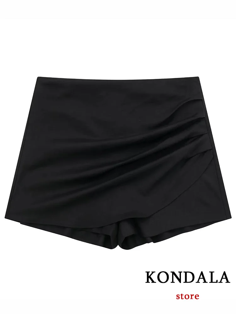 

KONDALA Casual Simple Basics Chic Women Culottes Black Solid Zipper Folds Slim Shorts Skirts Fashion 2023 Summer Satin Shorts