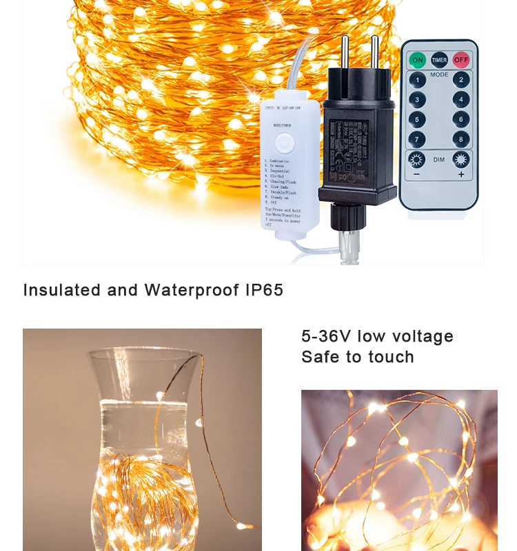 30m 50m 100m LED String Fairy Lights Remote Control Waterproof Plug in for Indoor Outdoor Christmas Holiday Wedding Garden Decor