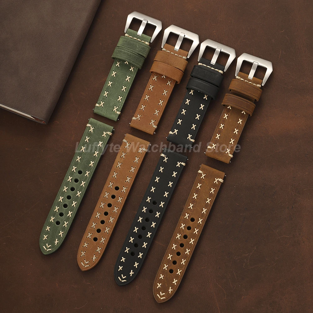 Vintage Thick Genuine Leather Watch Strap Bracelet with Pin Buckle