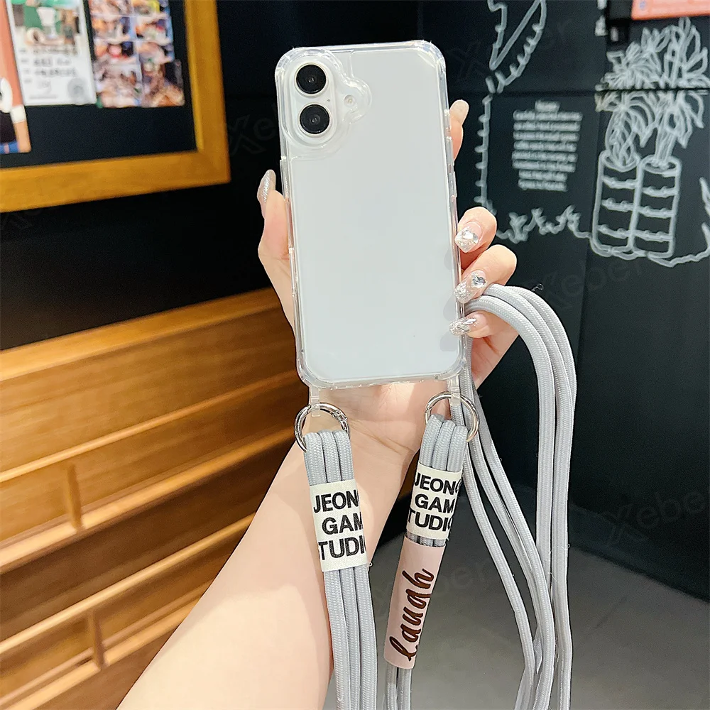 Étui de téléphone transparent avec lanière et collier en bandoulière pour iPhone 15 16 14 Pro Max 14 13 12 11, housse de protection antichoc à coussin d'air_voghion.com