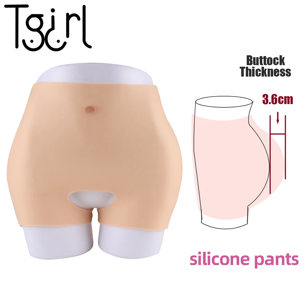 Crossdresser Silicone Panties Fake Vagina Pants Hip Enhancer Shaper Buttock Pads (L, White/Beige)