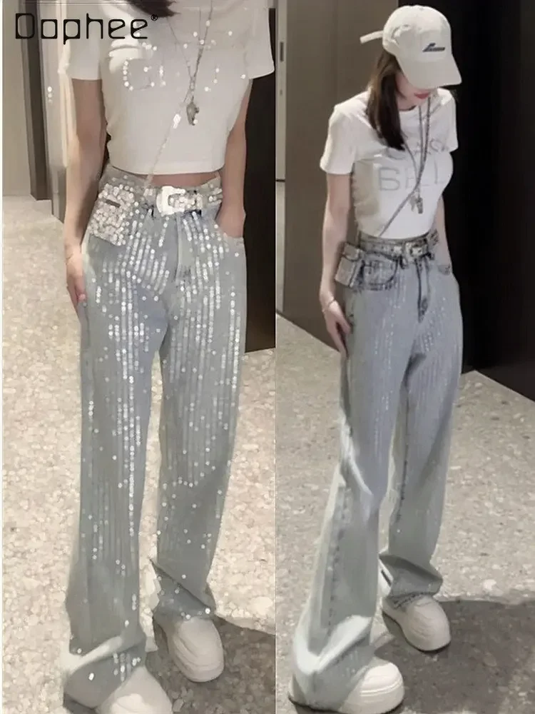 

Hot Drilling High Waist Slimming Wide Leg Denim Jean Pants for Women 2023 Spring New Loose Fashion Mop Straight Jeans Mujer