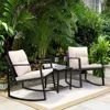 3 Pieces Rocking Wicker Bistro Set, Patio Outdoor Furniture Conversation Sets with Porch Chairs and Glass Coffee Table, Beige 1