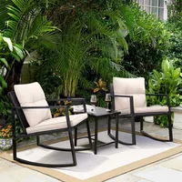 3 Pieces Rocking Wicker Bistro Set, Patio Outdoor Furniture Conversation Sets with Porch Chairs and Glass Coffee Table, Beige 1