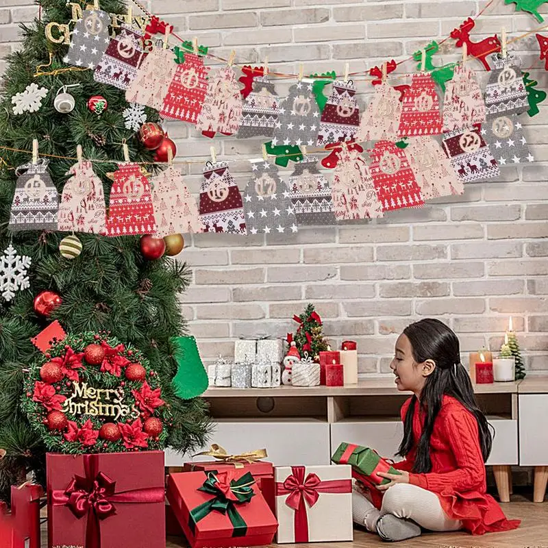 Christmas Advent Calendar Candy Bag 24 Days Countdown To Christmas Reusable Burlap Bags DIY Drawstring Gift Bags For Kids