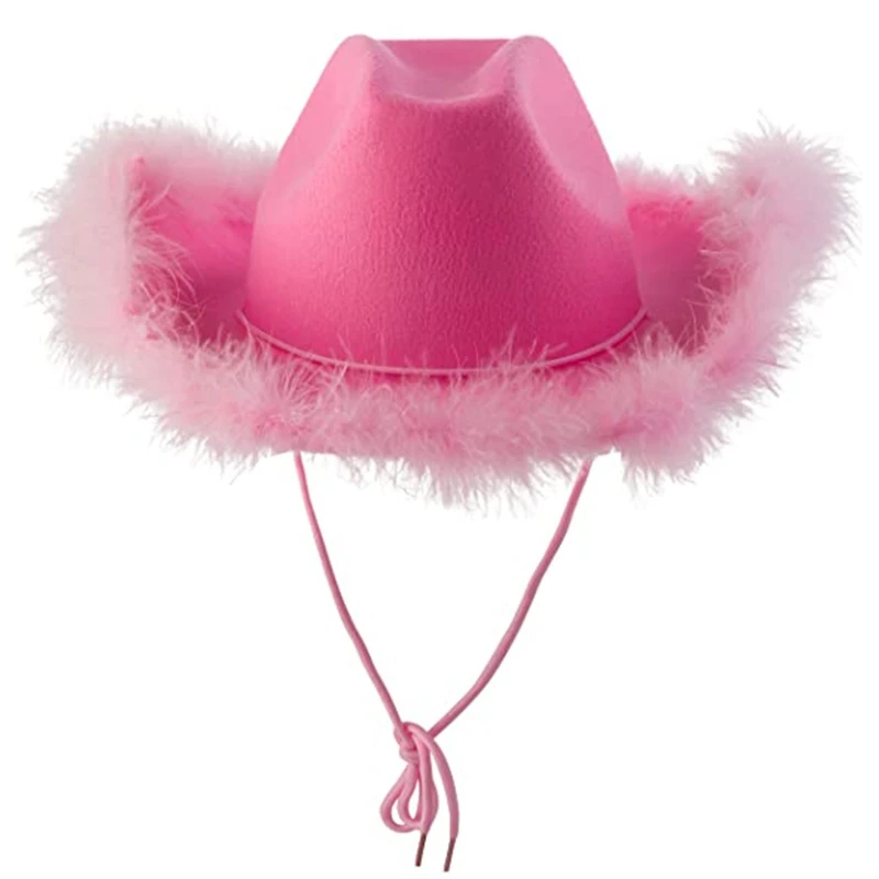 Beautiful Wide Brim Pink Cowgirl Hat Fluffy Feather Brim Cowboy