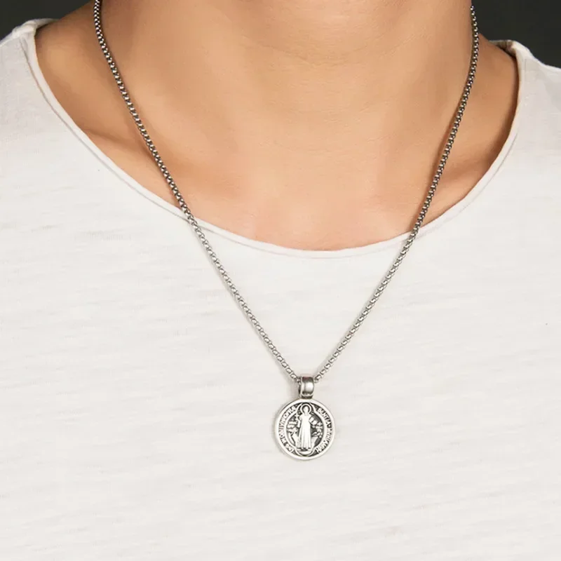 Vintage St Benedict Exorcism Women Men Necklace Round Pendant Stainless Steel 24Inch Chain Catholic Roman Cross Demon Necklaces 5
