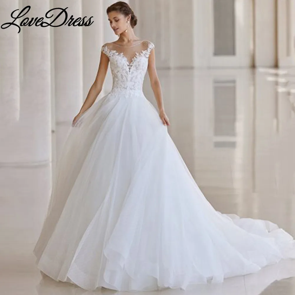 

LoveDress Off The Shoulder Wedding Dresses Ball Gown Lace Appliques Bride Gown Tulle Buttons Illusion Backless Vestido De Novia