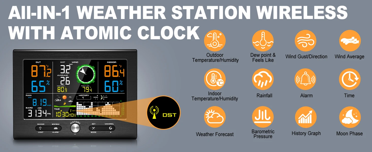 Wireless Weather Station 7-in-1 with Outdoor Sensor 150m Range 3-Level Backlight