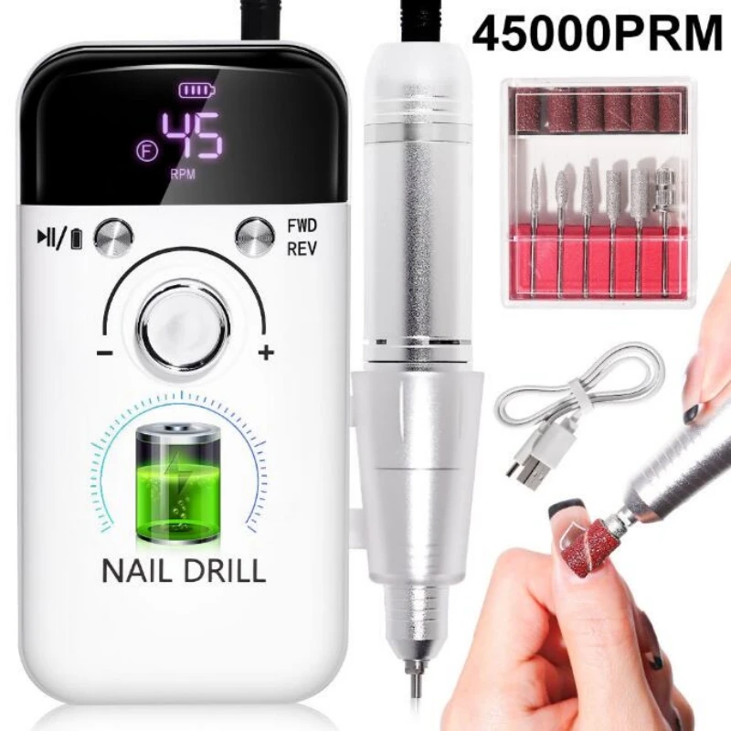 Electric Nail Drill 45000RPM Electric Nail Drill Machine Professional Nail Drills for Gel Nails Polish Rechargeable Portable File Manicure Tool